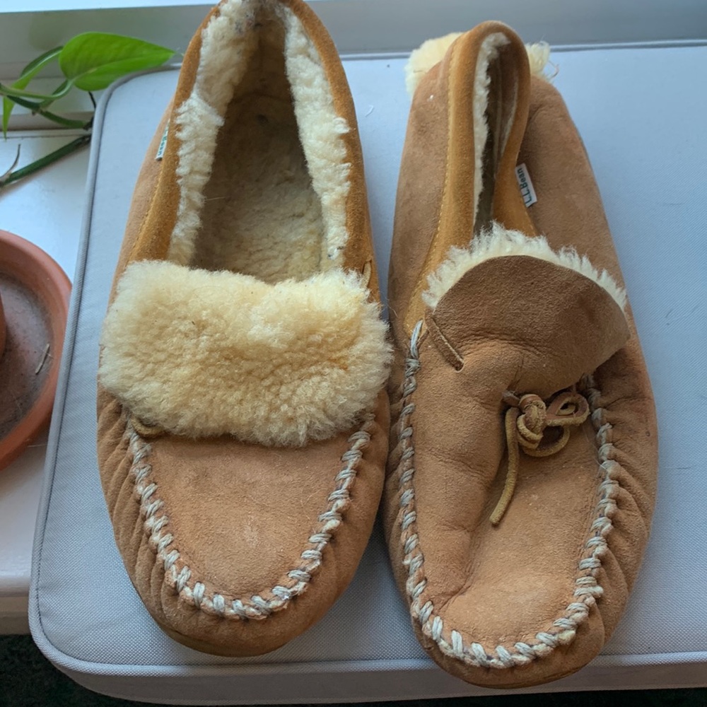 LL bean brown moccasins. Heavily used but overall useable condition